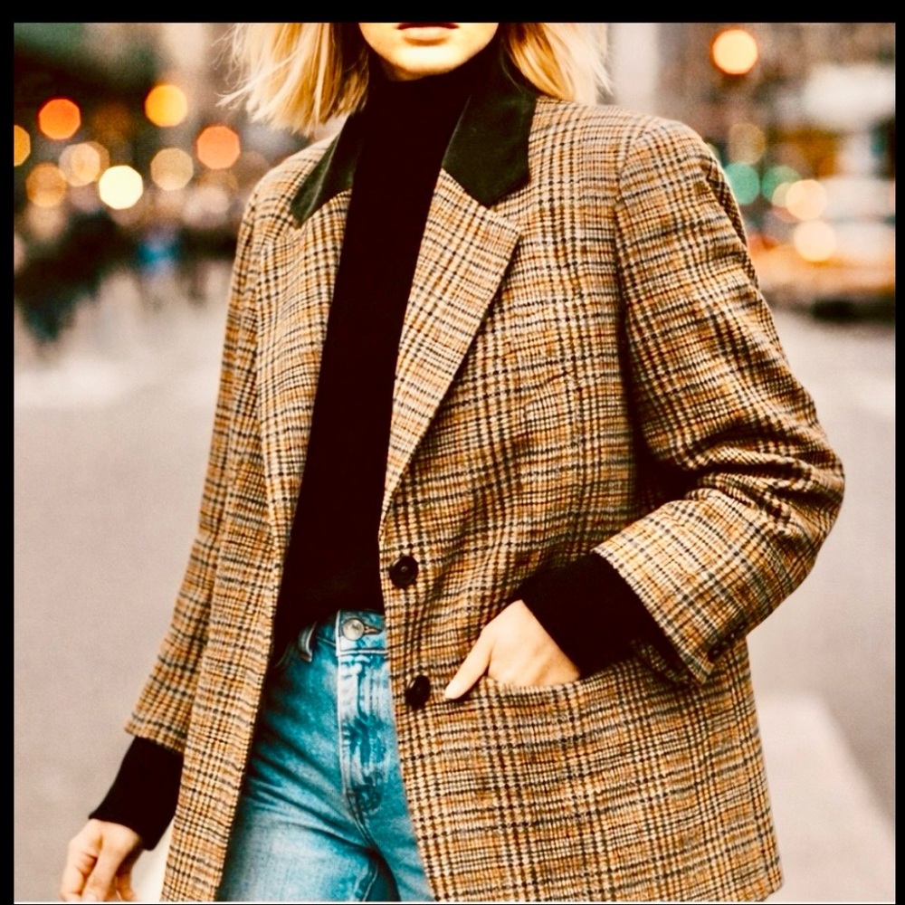 Leslie Fay Vintage Houndstooth Plaid Brown Velvet One Button Boxy Blazer Sz 16W